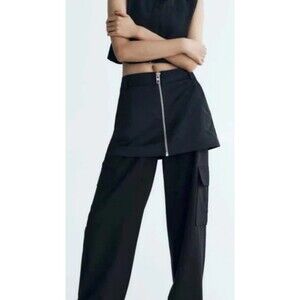 Zara Wide Leg Trouser Pants With Skirt Zip Detail Sz Small Bloggers Favorite Blk